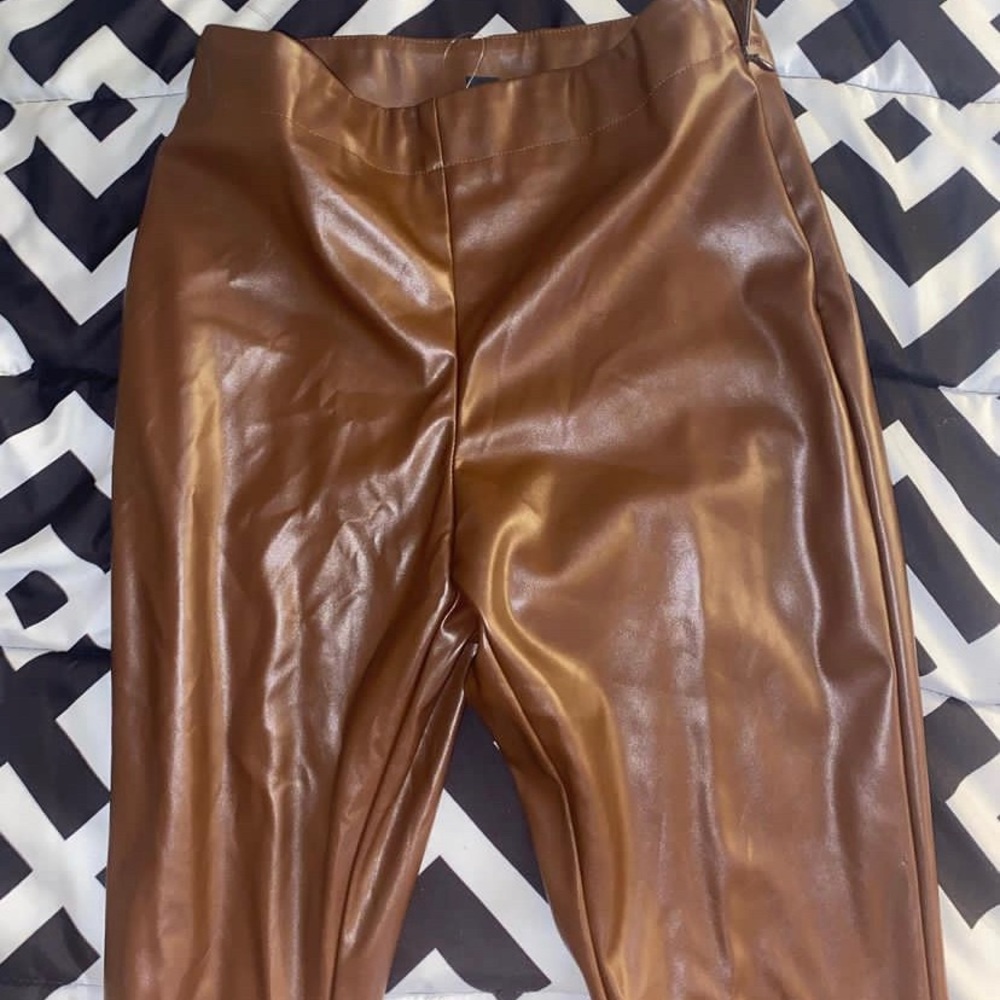 PLT chocolate leather pants with splits at the bottom